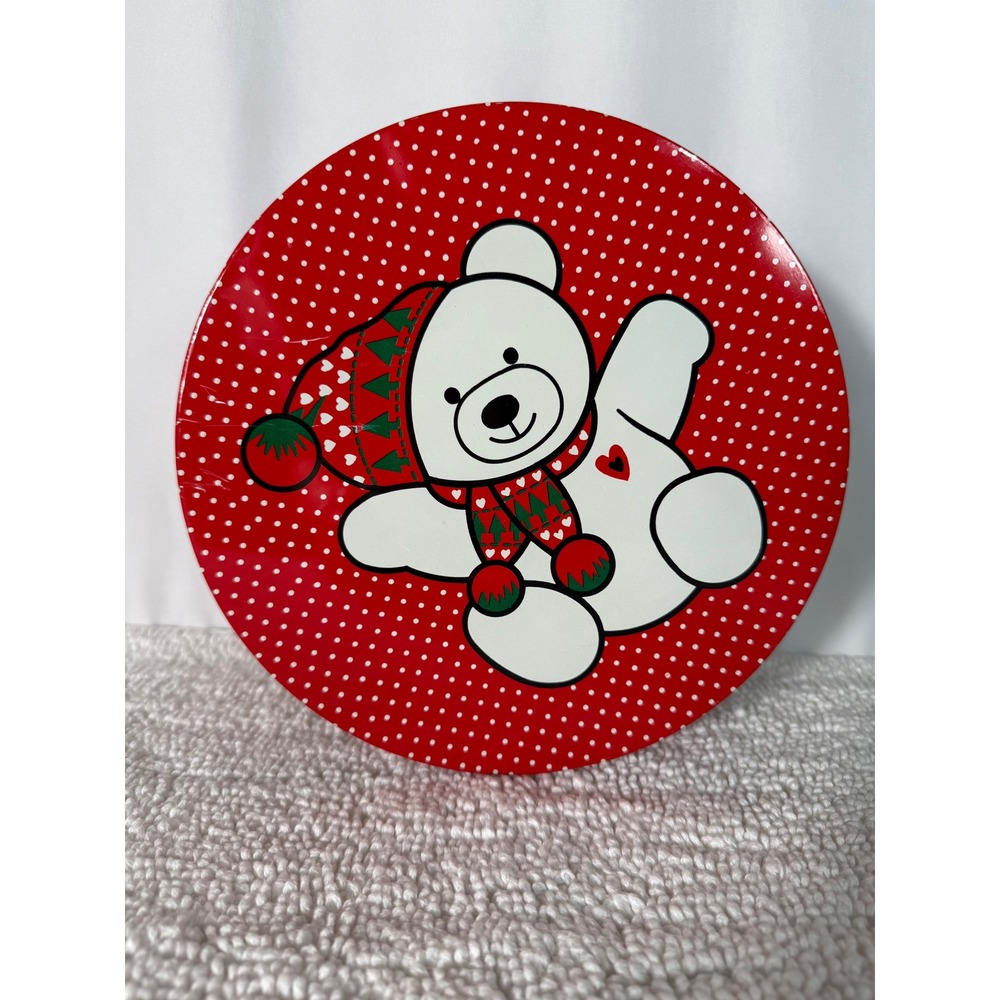 VTG Round Tin Christmas Teddy Bear Polka Dot Holiday Storage Container Gift‎ Box